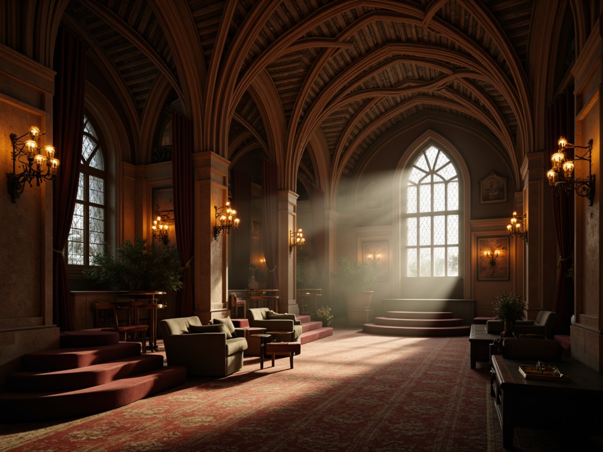 Prompt: Intricate archways, ribbed vaults, pointed arched windows, ornate stone carvings, grandiose chandeliers, rich wood paneling, luxurious velvet fabrics, mysterious dim lighting, atmospheric fog effects, dramatic shadow casting, 1/1 composition, symmetrical framing, warm golden color palette, detailed textures, ambient occlusion.