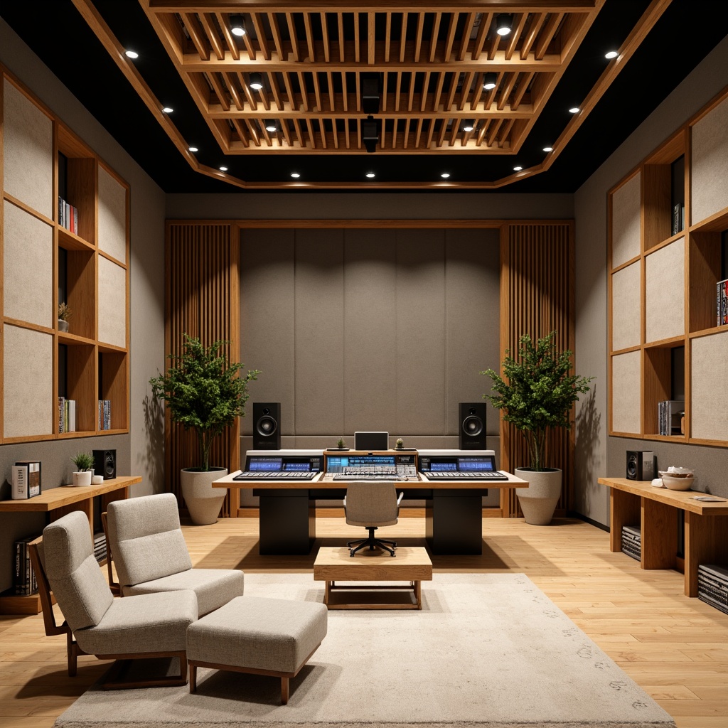 Prompt: Soundproof recording studio, professional acoustic panels, wooden diffusers, absorption materials, neutral color scheme, comfortable seating area, minimal echo, optimal sound quality, precise sound wave control, high-fidelity speakers, digital audio workstations, ergonomic mixing consoles, LED lighting, sound-absorbing fabrics, geometric patterns, modern minimalist design, natural wood textures, soft ambient lighting, shallow depth of field, 1/1 composition, realistic rendering.