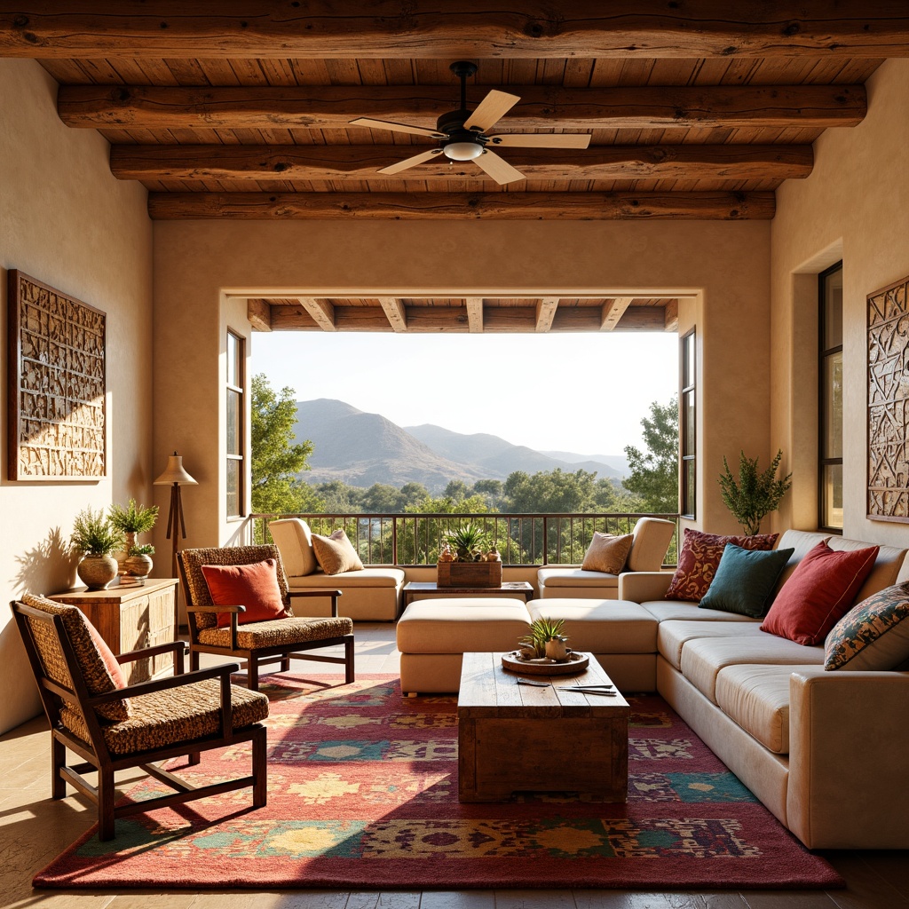 Prompt: Vibrant southwestern-style apartment, rustic wooden furniture, earthy tone upholstery, woven wicker chairs, rattan coffee tables, colorful tribal-patterned rugs, plush throw pillows, natural stone accents, reclaimed wood wall decorations, desert-inspired cactus plants, warm beige walls, large windows with panoramic views, soft golden lighting, 1/1 composition, realistic textures, ambient occlusion.