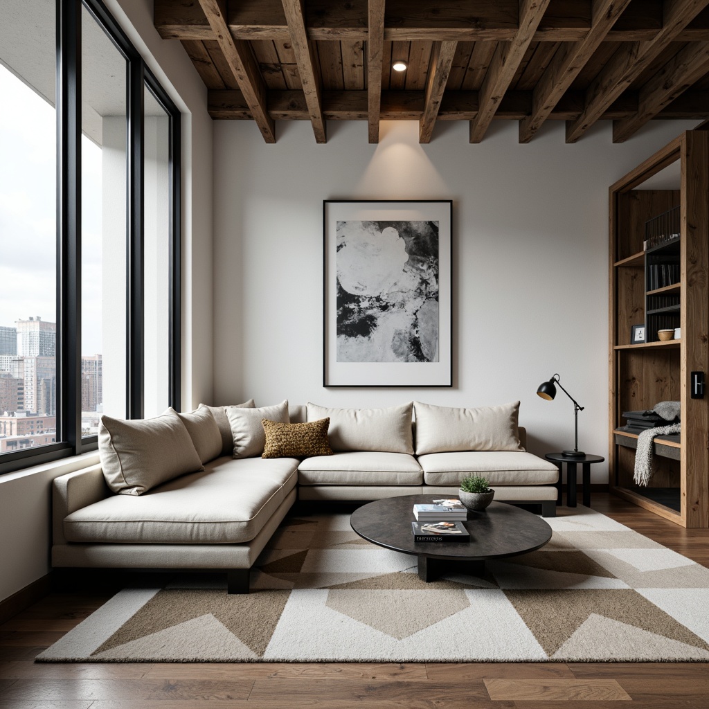 Prompt: Modern minimalist living room, sleek low-profile sofa, industrial metal coffee table, geometric patterned rug, floor-to-ceiling windows, natural light, urban loft atmosphere, reclaimed wood accents, matte black metal frames, abstract artwork, monochromatic color scheme, cozy reading nook, task lighting, 1/1 composition, softbox lighting, shallow depth of field.