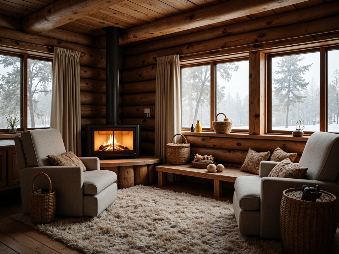 Prompt: Cozy cabin, rustic wooden walls, plush area rugs, comfortable armchairs, soft cushions, warm Throws, crackling fireplace, snowflakes falling outside, frosty windows, natural fabrics, woven baskets, earthy color palette, inviting atmosphere, warm lighting, shallow depth of field, 1/1 composition, realistic textures, ambient occlusion.