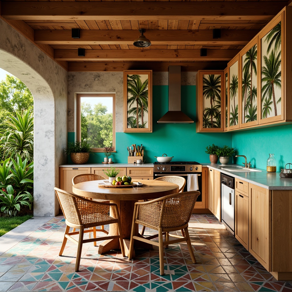 Prompt: Vibrant tropical kitchen, bright turquoise backsplash, exotic palm tree prints, natural stone textures, woven rattan cabinets, rich wood tones, colorful ceramic tiles, bold geometric patterns, lush greenery, warm sunny day, soft warm lighting, shallow depth of field, 3/4 composition, realistic textures, ambient occlusion.