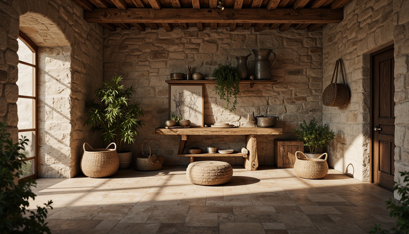 Prompt: Rustic natural setting, reclaimed wood accents, earthy tone color palette, rough-hewn stone walls, organic textures, natural fabrics, woven baskets, distressed metal details, vintage industrial elements, exposed brick surfaces, minimalist decor, warm ambient lighting, shallow depth of field, 2/3 composition, realistic renderings, soft focus blur.