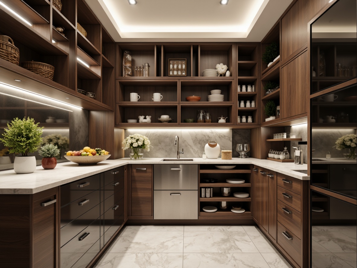 Prompt: Modern pantry, sleek cabinetry, minimalist design, LED lighting, floor-to-ceiling shelves, pull-out storage bins, adjustable shelving systems, soft-close drawers, glass door cabinets, metallic finishes, chrome handles, marble countertops, natural stone flooring, ambient lighting, shallow depth of field, 1/1 composition, realistic textures, interior design.