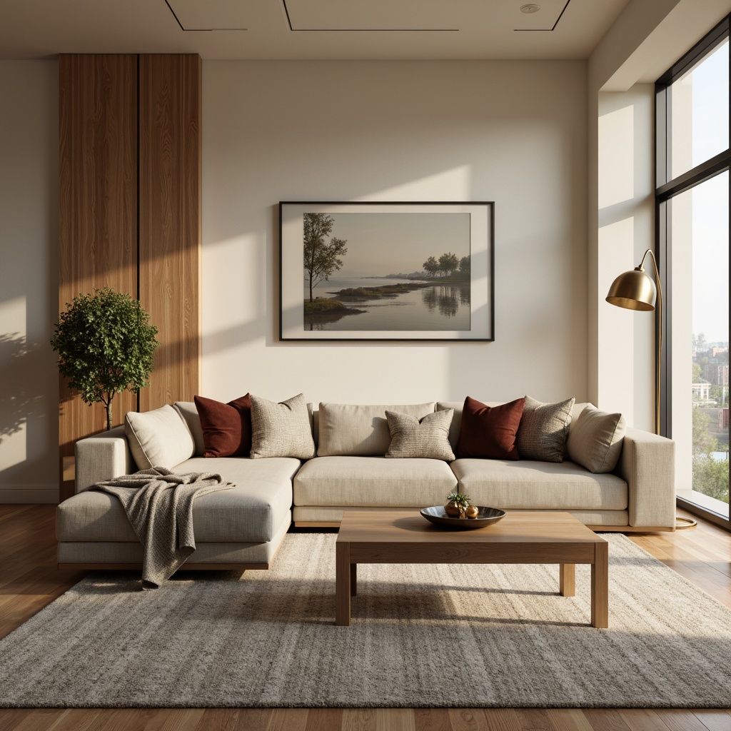 Prompt: Elegant living room, neutral beige walls, plush area rug, comfortable sectional sofa, wooden coffee table, metallic accent lamps, velvet throw pillows, natural fiber upholstery, minimalist decor, subtle patterns, soft warm lighting, 1/1 composition, shallow depth of field, realistic textures, ambient occlusion.