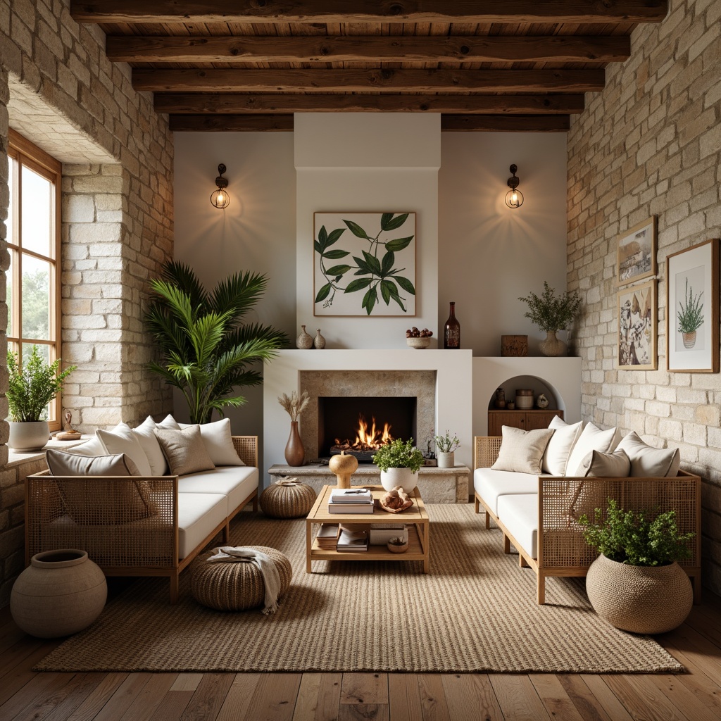 Prompt: Cozy living room, natural stone walls, reclaimed wooden floors, woven rattan furniture, earthy tone color palette, soft linen fabrics, potted greenery, botanical prints, warm candlelight, ambient shadows, shallow depth of field, 1/1 composition, realistic textures, rustic wood accents, organic shapes, handmade ceramics, woven wicker baskets, natural fiber rugs, calming atmosphere, serene ambiance.Let me know if this meets your expectations!