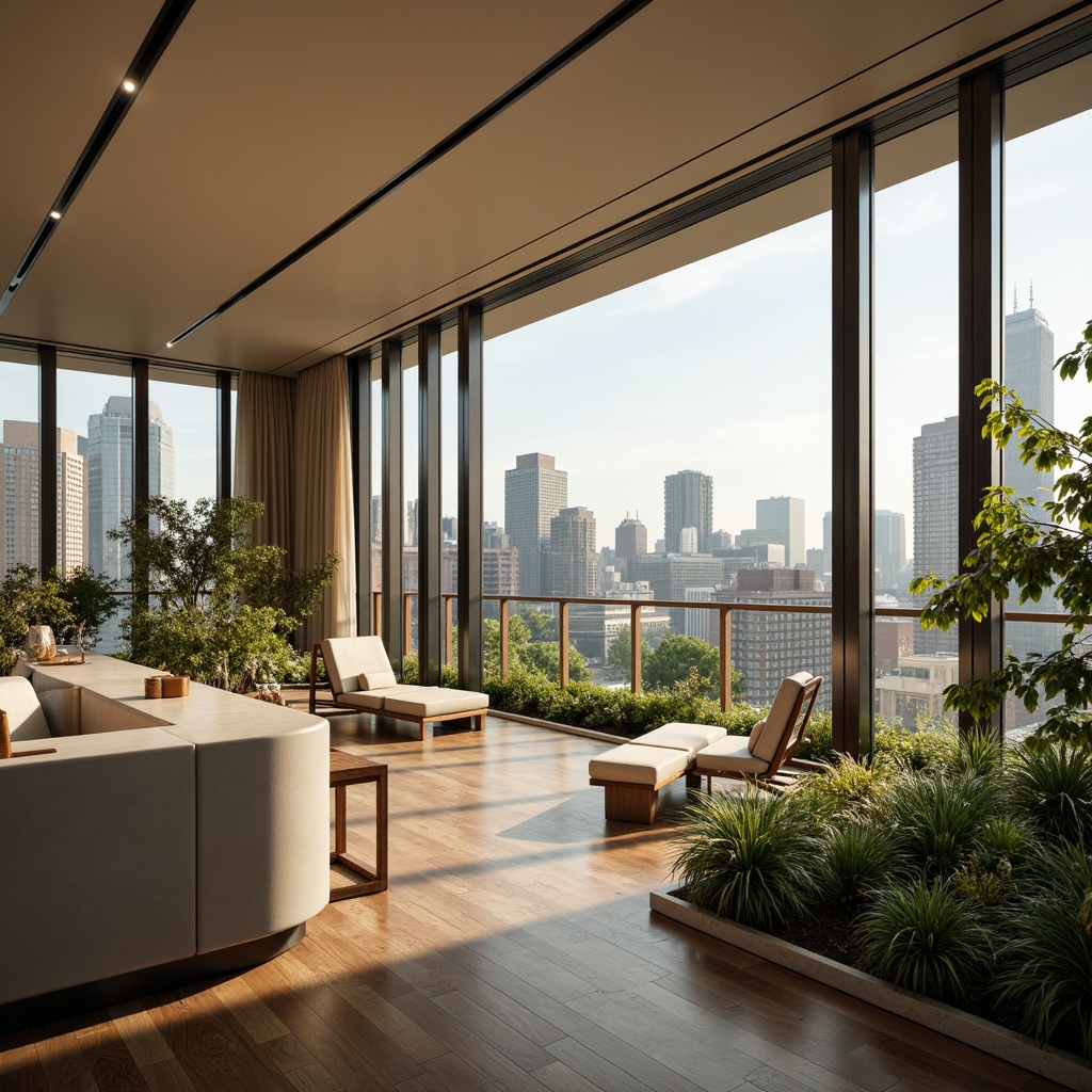 Prompt: Luxurious penthouse, modern sleek lines, floor-to-ceiling windows, breathtaking city views, neutral beige walls, rich dark wood flooring, creamy white marble countertops, sophisticated silver accents, lavish greenery, exotic plants, warm golden lighting, cozy intimate atmosphere, 1/1 composition, shallow depth of field, soft focus, natural textures, ambient occlusion.