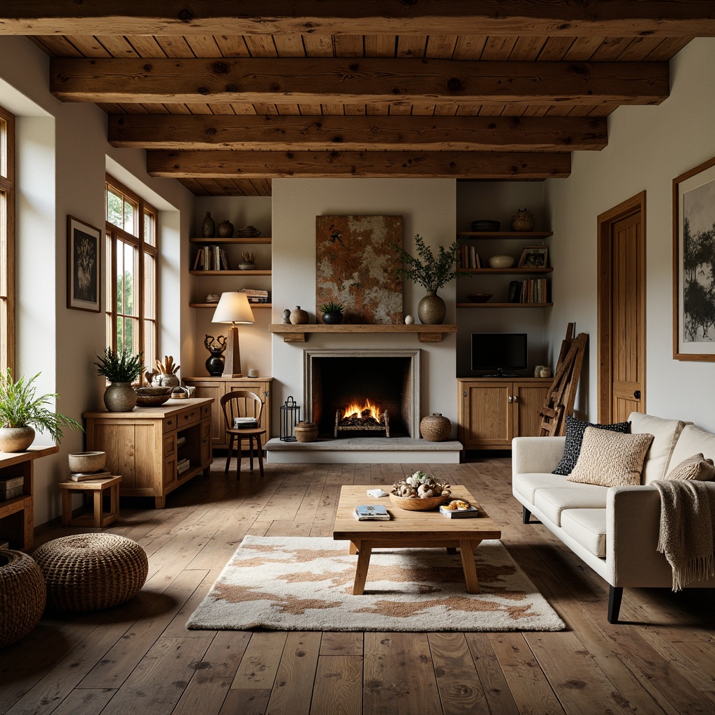 Prompt: Rustic wooden furniture, distressed finishes, vintage hardware, earthy color palette, natural textiles, woven baskets, wooden accents, exposed beams, reclaimed wood flooring, cozy fireplace, warm ambient lighting, soft shadows, shallow depth of field, 2/3 composition, realistic wood grain textures, subtle camera movements.