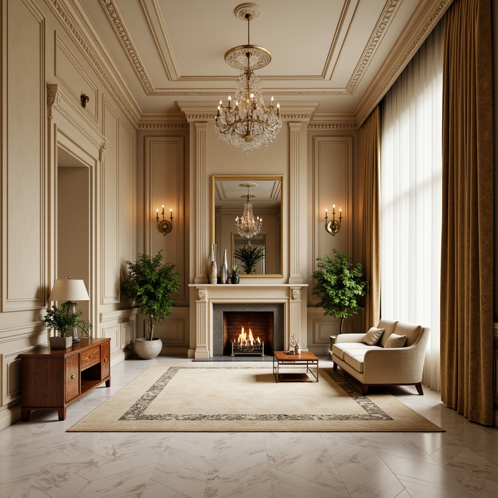 Prompt: Elegant neoclassical interior, cream marble floors, ornate moldings, gilded accents, rich velvet fabrics, subtle beige walls, soft warm lighting, classical proportions, symmetrical compositions, refined lines, sophisticated textures, muted earthy tones, walnut wood furniture, bronze hardware, crystal chandeliers, delicate lace patterns, vintage-inspired accessories, natural stone fireplaces, subtle color gradations, harmonious contrast, 1/1 composition, shallow depth of field.