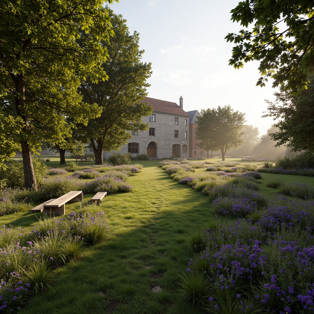 Prompt: Rustic stone manor, lush green meadows, winding pathways, vintage garden benches, distressed wooden fences, lavender fields, sun-kissed wildflowers, soft misty mornings, warm golden lighting, 1/1 composition, intimate depth of field, natural textures, ambient occlusion.