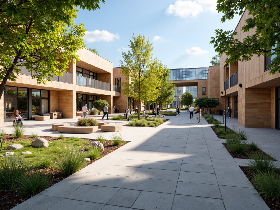 Prompt: Vibrant community center, open courtyard, lush greenery, modern contemporary architecture, clean lines, minimalist design, natural stone flooring, wooden accents, large glass windows, sliding doors, cozy reading nooks, comfortable seating areas, public art installations, playful water features, walking paths, bike racks, urban cityscape, sunny day, soft warm lighting, shallow depth of field, 3/4 composition, realistic textures, ambient occlusion.