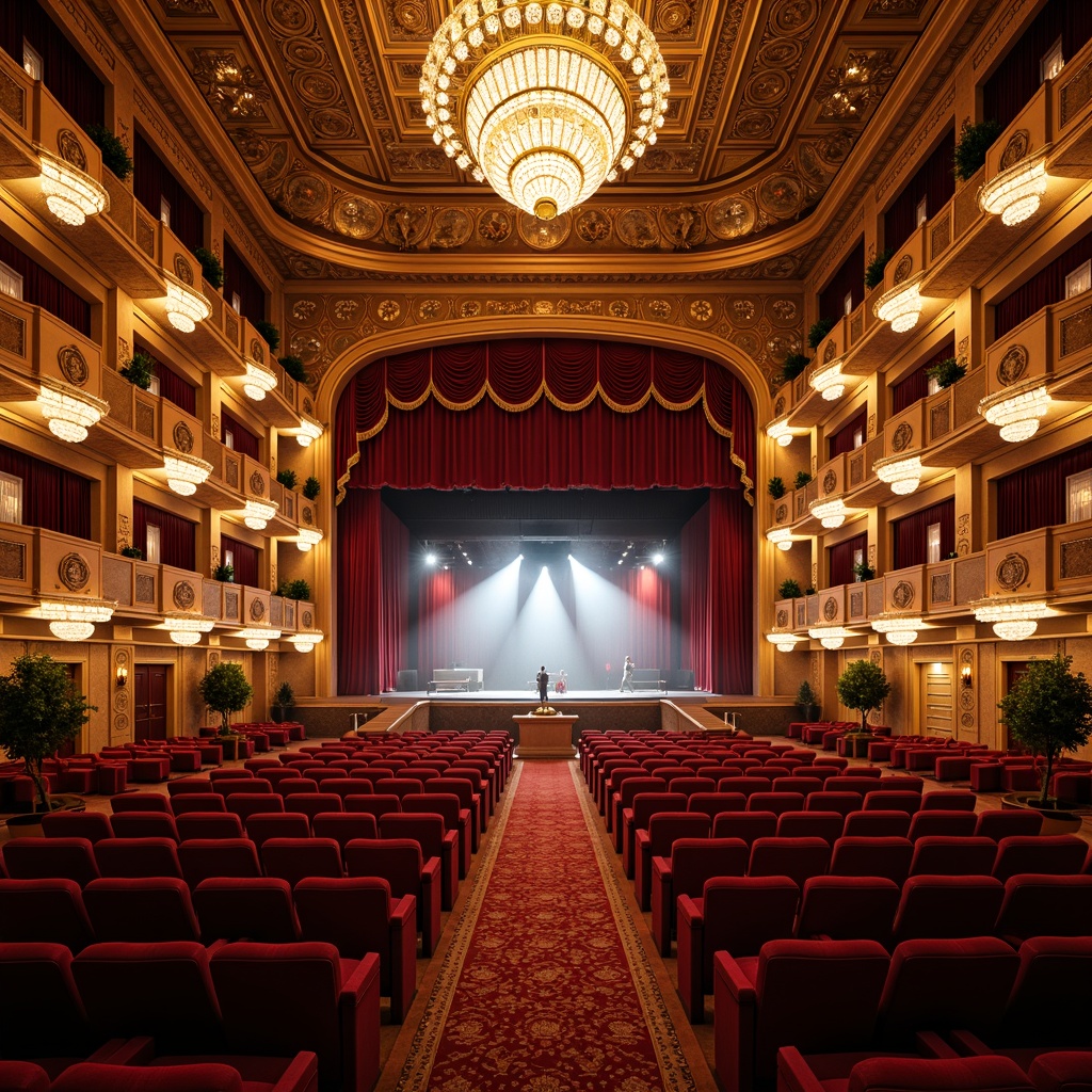 Prompt: Elegant opera house, ornate chandeliers, plush red velvet seats, golden balconies, intricate moldings, grand staircases, lavish drapery, richly patterned carpets, opulent furnishings, majestic stage, dramatic lighting, warm color palette, luxurious VIP boxes, intimate seating areas, curved rows, aisle chairs, wooden flooring, subtle ambient lighting, soft focus blur, cinematic composition, atmospheric mist effect.