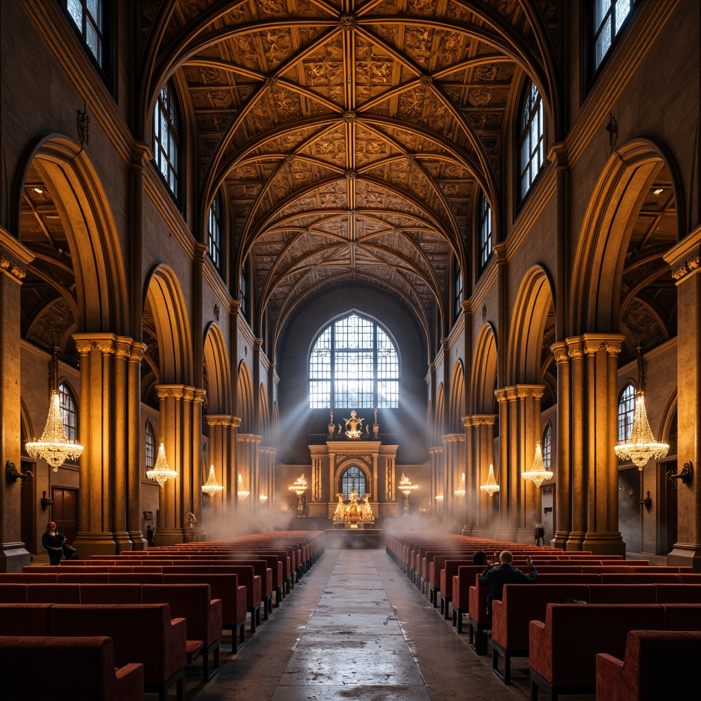 Prompt: Intricate vaulted ceiling, ornate Gothic arches, ribbed groin vaults, dramatic verticality, rich wood tones, warm golden lighting, majestic chandeliers, luxurious velvet fabrics, regal thrones, mystical stained glass windows, soaring cathedral heights, ancient stone carvings, mysterious crypt-like ambiance, atmospheric misting effects, cinematic wide-angle shot, 1/2 composition, warm color grading, subtle texture noise.