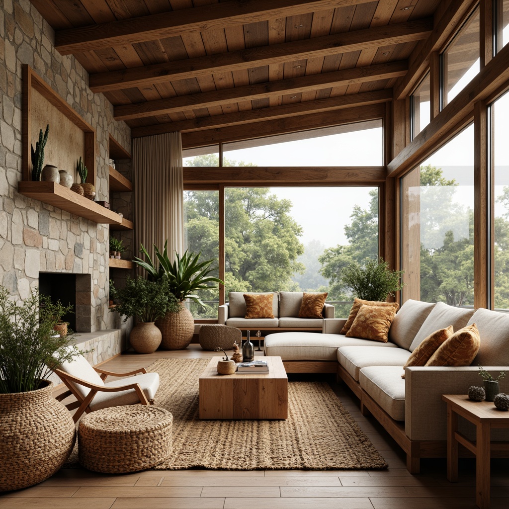 Prompt: Rustic living room, reclaimed wood accents, stone walls, natural fiber rugs, woven baskets, earthy tone color palette, wooden furniture, rattan decor, plants with greenery, floor-to-ceiling windows, soft warm lighting, shallow depth of field, 3/4 composition, realistic textures, ambient occlusion, cozy reading nook, comfortable sofas, natural linen upholstery, wood grain patterns, organic shapes, minimal ornamentation.