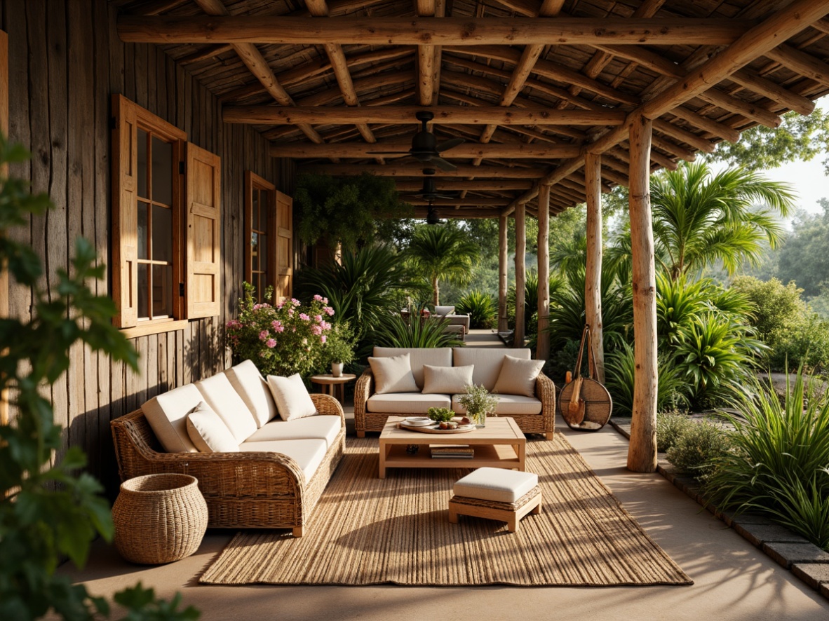 Prompt: Rustic farmhouse, tropical island setting, natural materials, reclaimed wood accents, bamboo furniture, woven rattan textures, jute rug, earthy color palette, lush greenery, exotic flowers, wooden shutters, corrugated metal roofing, vintage farm tools, distressed finishes, warm soft lighting, shallow depth of field, 1/1 composition, realistic render, ambient occlusion.