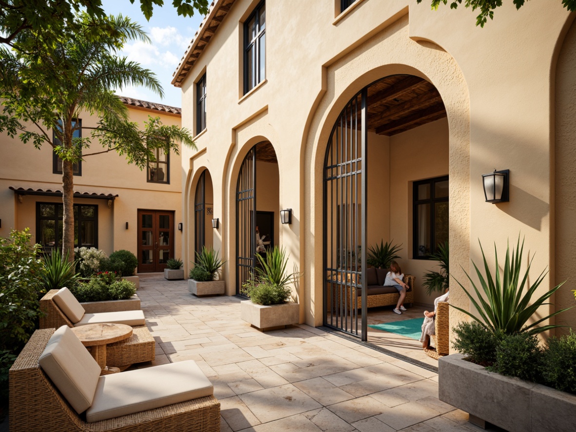 Prompt: Warm beige stucco exterior, curved archways, ornate tile work, decorative ironwork, vibrant turquoise accents, lush greenery, palm trees, ceramic roof tiles, rustic wooden benches, natural stone flooring, soft warm lighting, shallow depth of field, 3/4 composition, panoramic view, realistic textures, ambient occlusion.