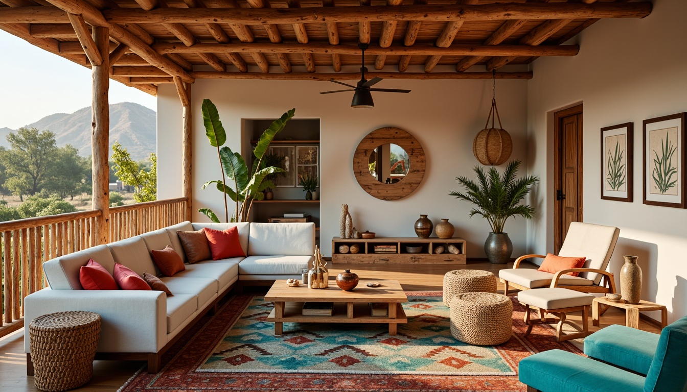 Prompt: Southwestern-style apartment, warm earthy tones, rustic wooden accents, plush woven textiles, vibrant turquoise hues, patterned Navajo-inspired rugs, comfortable sectional sofas, reclaimed wood coffee tables, colorful ceramic vases, woven basket storage, natural fiber upholstery, rattan armchairs, desert botanical prints, warm golden lighting, shallow depth of field, 1/1 composition, realistic textures, ambient occlusion.