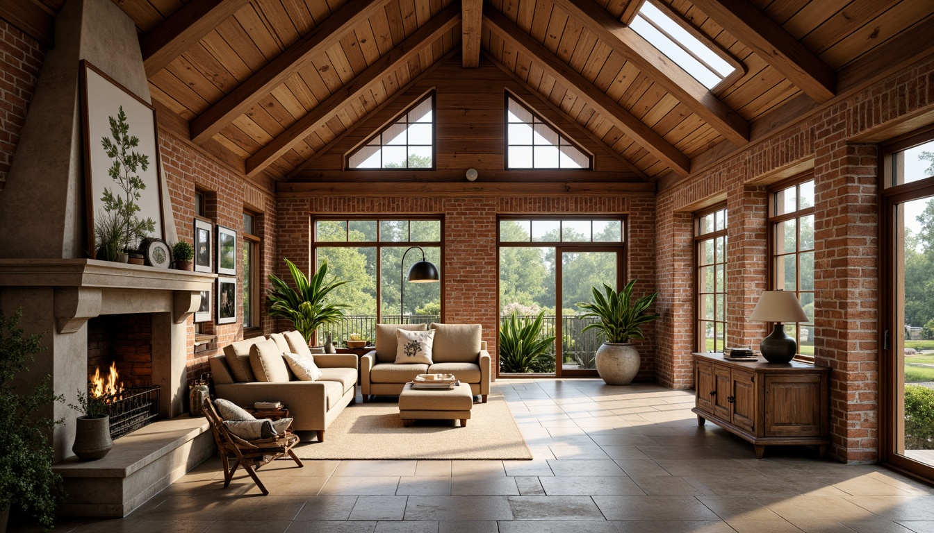 Prompt: Rustic farmhouse, wooden beams, exposed brick walls, large windows, sliding glass doors, skylights, clerestory windows, natural stone floors, distressed wood furniture, vintage decor, earthy color palette, warm ambient lighting, soft diffused light, 1/1 composition, shallow depth of field, panoramic view, realistic textures, ambient occlusion.