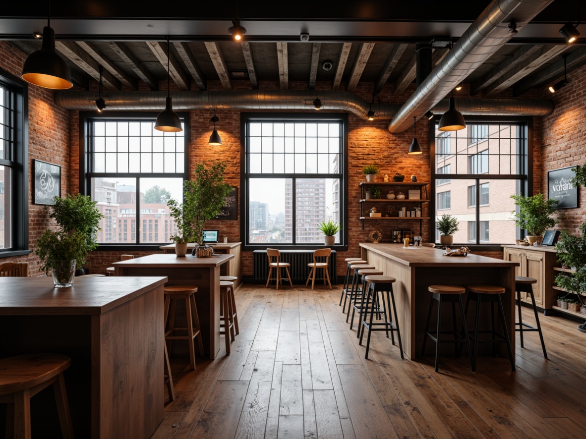 Prompt: Industrial-chic loft, exposed brick walls, high ceilings, metal beams, wooden floors, minimalist decor, modern light fixtures, pendant lamps, Edison bulbs, reclaimed wood accents, urban landscape views, natural daylight, soft warm glow, ambient lighting, task-oriented lighting, 3-point composition, shallow depth of field, realistic textures.