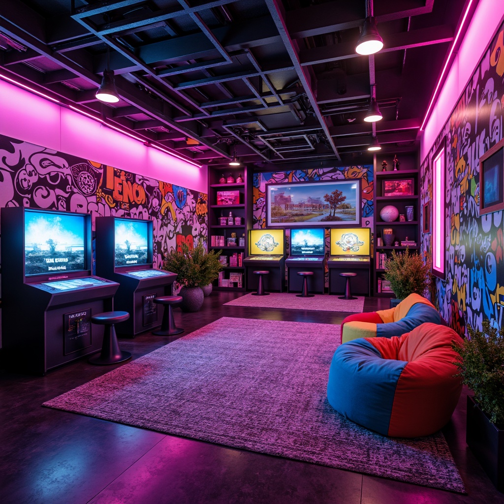 Prompt: Vibrant game room, neon-lit arcade machines, retro console systems, bold colored walls, graffiti artwork, funky patterned rugs, oversized bean bag chairs, eclectic decorative objects, nostalgic gaming posters, dimmable LED lighting, sleek modern shelving units, futuristic sci-fi decorations, abstract geometric shapes, metallic accents, dynamic color schemes, cozy reading nooks, immersive virtual reality experiences, cinematic sound systems, high-contrast visual effects.