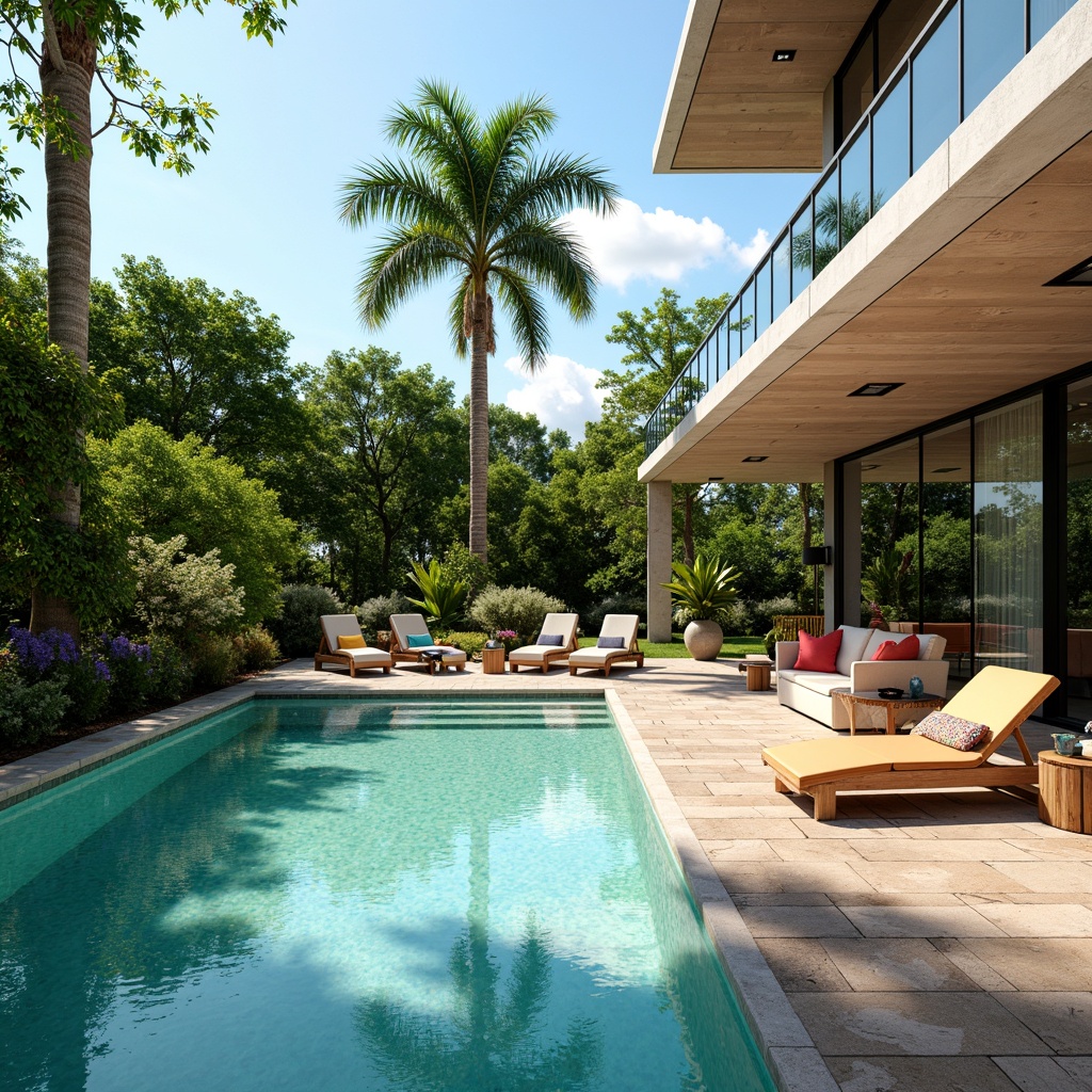 Prompt: Vibrant poolside, turquoise water, sunny day, warm stone decking, lush greenery, colorful outdoor furniture, modern pool architecture, sleek glass fencing, metallic accents, shimmering water effects, soft misting systems, 3/4 composition, shallow depth of field, realistic textures, ambient occlusion.