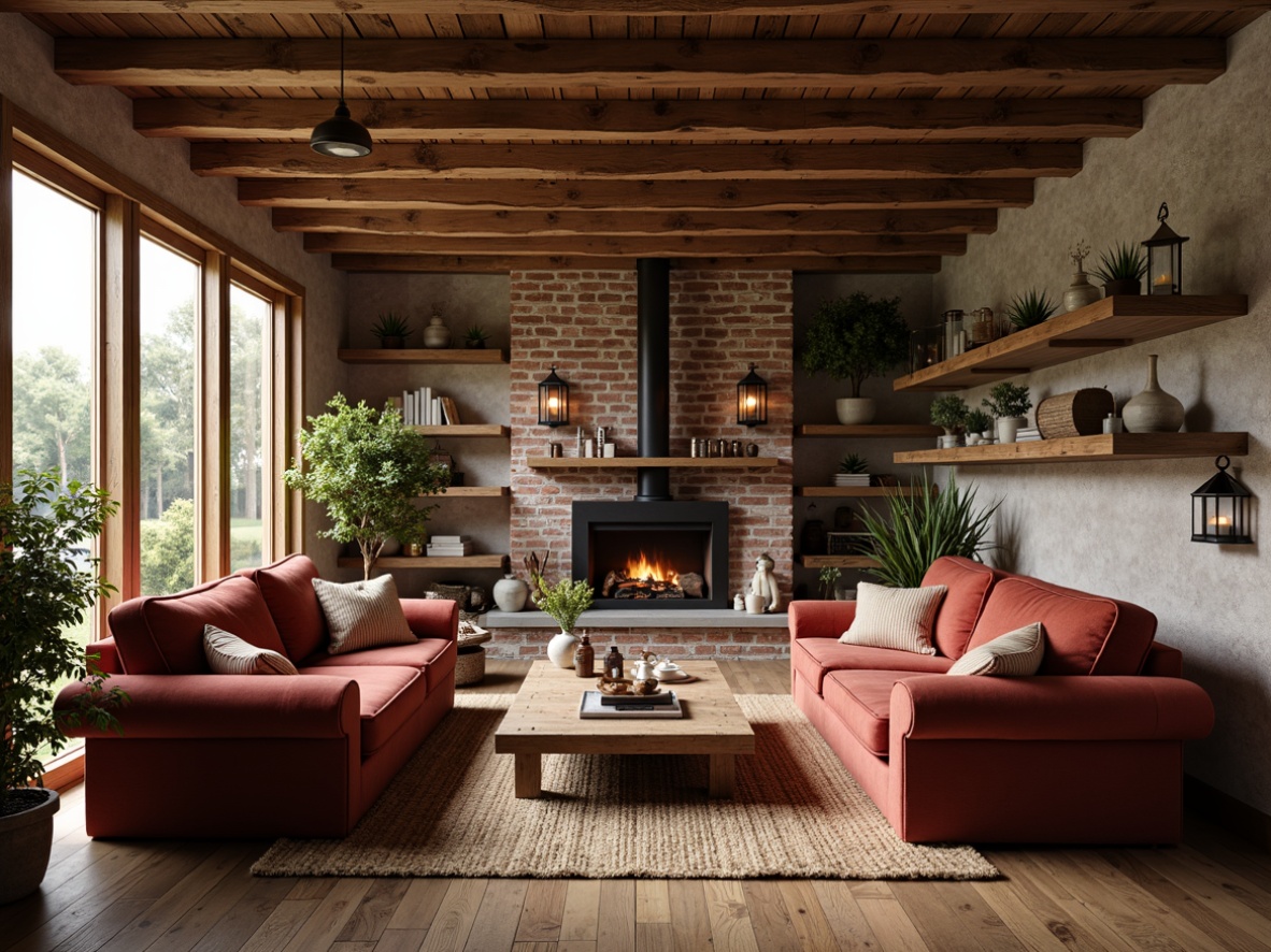 Prompt: Cozy farmhouse interior, rustic wooden beams, vintage metal lanterns, distressed brick walls, plush velvet sofas, natural stone fireplaces, woven jute rugs, earthy color palette, antique furniture pieces, galvanized metal accents, reclaimed wood shelves, soft warm lighting, shallow depth of field, 1/1 composition, intimate atmosphere, realistic textures.