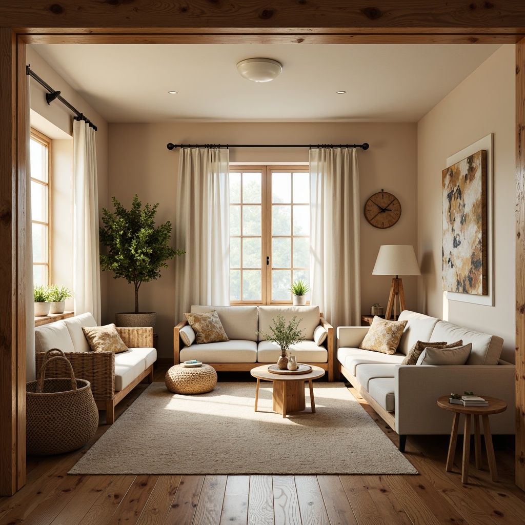 Prompt: Cozy living room, warm wood accents, natural textures, minimalist decor, light-filled space, large windows, Nordic-inspired furniture, wooden floorboards, beige walls, cream-colored sofas, woven baskets, potted greenery, soft candlelight, atmospheric shadows, shallow depth of field, 1/1 composition, realistic wood grain, ambient occlusion.