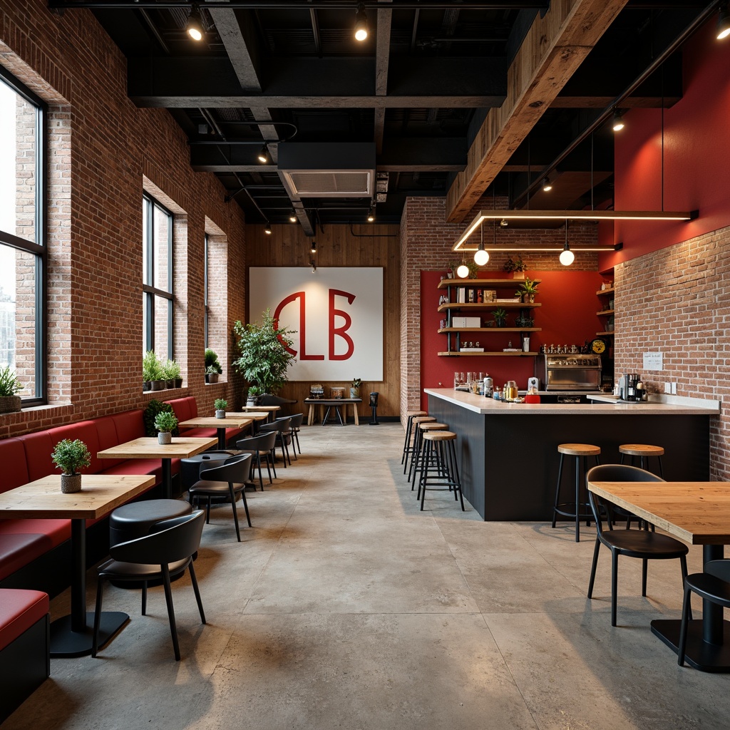 Prompt: Industrial-chic Bauhaus coffee shop, exposed brick walls, polished concrete floors, minimalist wooden tables, sleek metal chairs, vibrant red accents, bold typography, geometric patterns, natural textiles, rich leather upholstery, matte black countertops, reclaimed wood shelving, warm industrial lighting, soft atmospheric glow, shallow depth of field, 1/2 composition, realistic reflections, ambient occlusion.