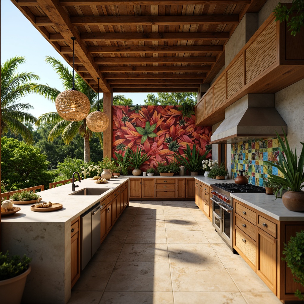 Prompt: Vibrant tropical kitchen, bright coral backsplash, exotic botanical patterns, natural stone countertops, reclaimed wood cabinetry, woven rattan lighting fixtures, colorful glass tile accents, lush greenery surroundings, warm sunny day, soft diffused lighting, shallow depth of field, 1/1 composition, realistic textures, ambient occlusion.