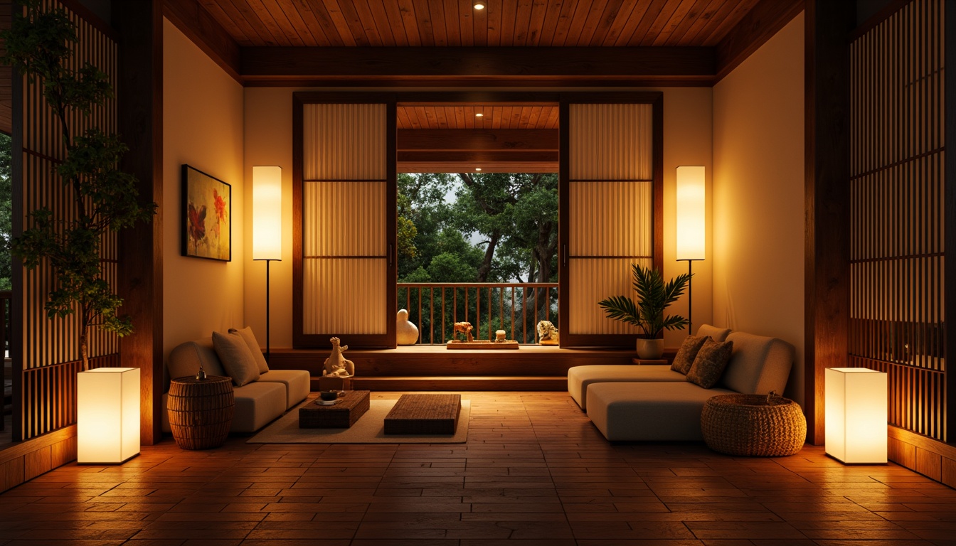 Prompt: Warm entryway, Asian-inspired decor, paper lanterns, soft warm lighting, table lamps, floor lamps, natural textiles, woven bamboo furniture, low-seating areas, tatami mats, shoji screens, sliding doors, minimalist ornamentation, subtle color palette, earthy tones, soft shadows, ambient occlusion, 1/1 composition, intimate atmosphere, cozy ambiance.