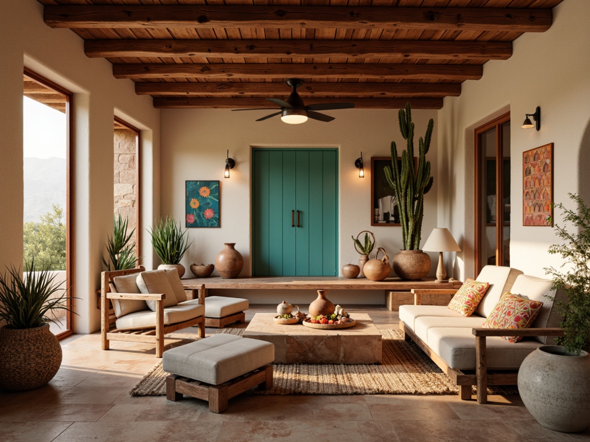 Prompt: Earthy tones, adobe architecture, rustic wooden accents, woven textiles, vibrant turquoise hues, natural stone flooring, clay pottery, woven baskets, rattan furniture, earthy ceramics, desert botanicals, cacti plants, geometric patterns, tribal-inspired prints, warm ambient lighting, soft warm colors, organic shapes, reclaimed wood beams, handmade craftsmanship, Southwestern cultural elements.