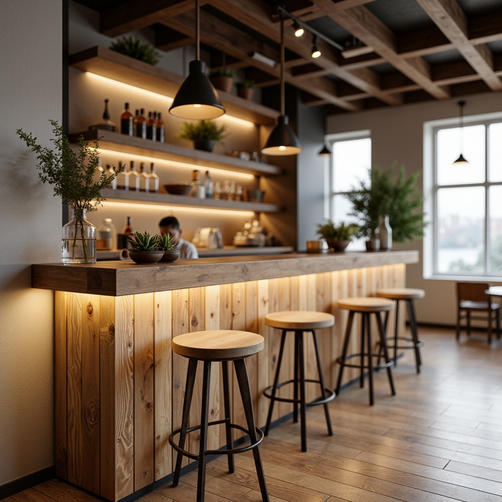 Prompt: Natural wood bar counter, rustic wooden planks, warm beige tones, Nordic-inspired minimalist design, industrial metal stools, reclaimed wood shelves, pendant lamps, earthy color palette, cozy ambient lighting, soft focus, shallow depth of field, 2/3 composition, Scandinavian modern architecture, functional simplicity, organic textures, natural materials, eco-friendly aesthetic.