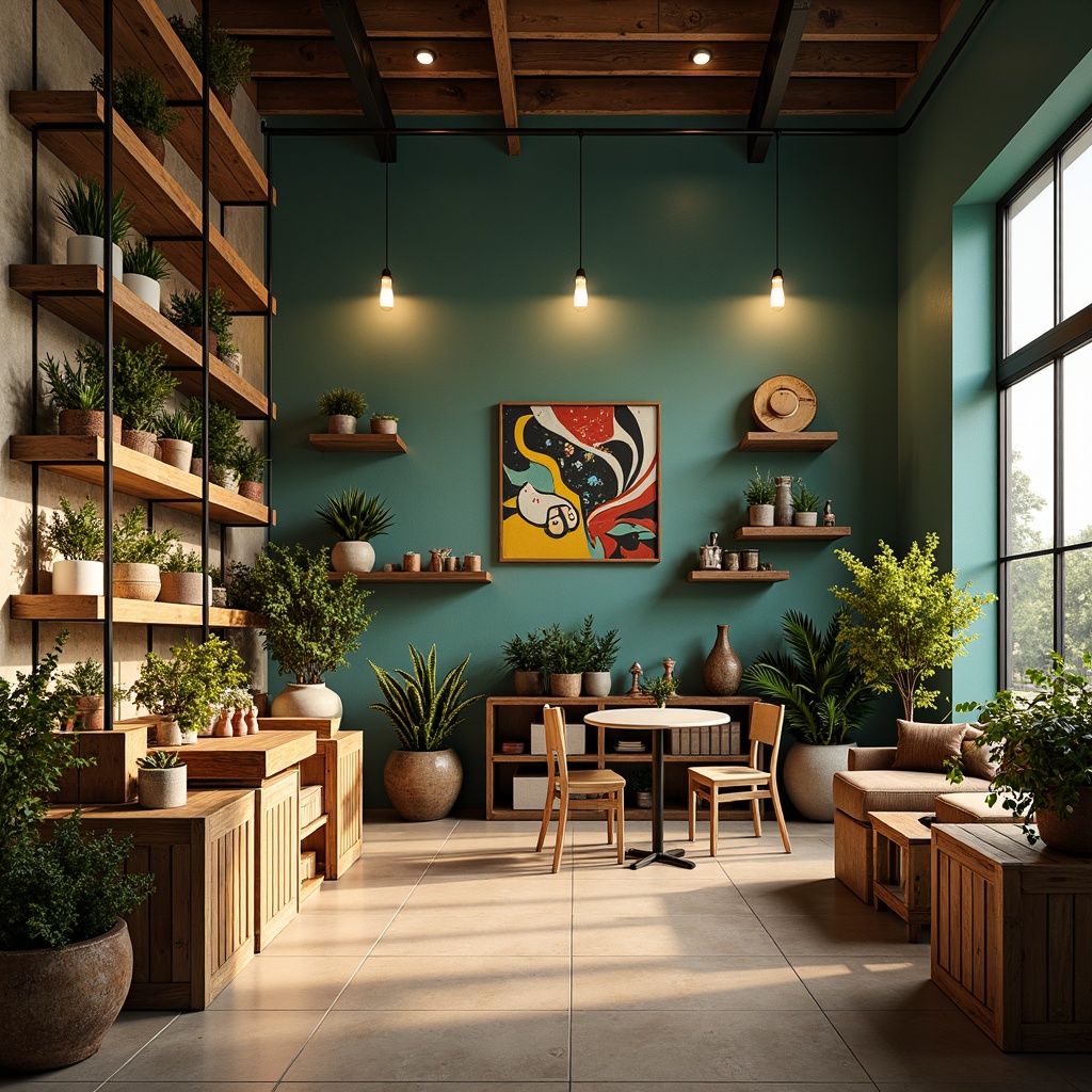 Prompt: Vibrant market scene, contemporary style, rich turquoise walls, warm beige floors, natural wood accents, eclectic art pieces, industrial metal shelves, reclaimed wooden crates, potted greenery, hanging lanterns, soft overhead lighting, warm golden hour, shallow depth of field, 1/1 composition, realistic textures, ambient occlusion.