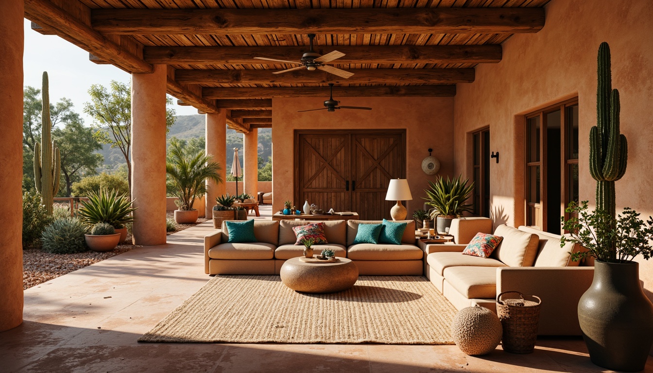 Prompt: Warm adobe walls, rustic wooden beams, earthy clay flooring, natural woven fibers, vibrant turquoise accents, lush greenery, sprawling cacti, warm sunny day, soft gentle lighting, shallow depth of field, 1/1 composition, realistic textures, ambient occlusion, cozy reading nooks, plush southwestern-style furniture, intricate Native American patterns, warm terracotta tones, rough-hewn wooden doors, rustic metal fixtures, earthy ceramics.