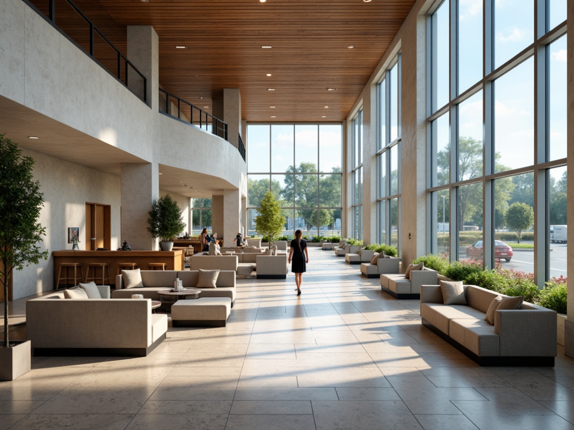 Prompt: Neutral tones, calming atmosphere, soft warm lighting, natural stone flooring, sleek metal accents, minimalistic design, comfortable seating areas, calm blue hues, soothing greenery, wooden furnishings, modern airport architecture, expansive open spaces, high ceilings, large windows, gentle color transitions, subtle texture variations, 1/1 composition, realistic reflections, ambient occlusion.