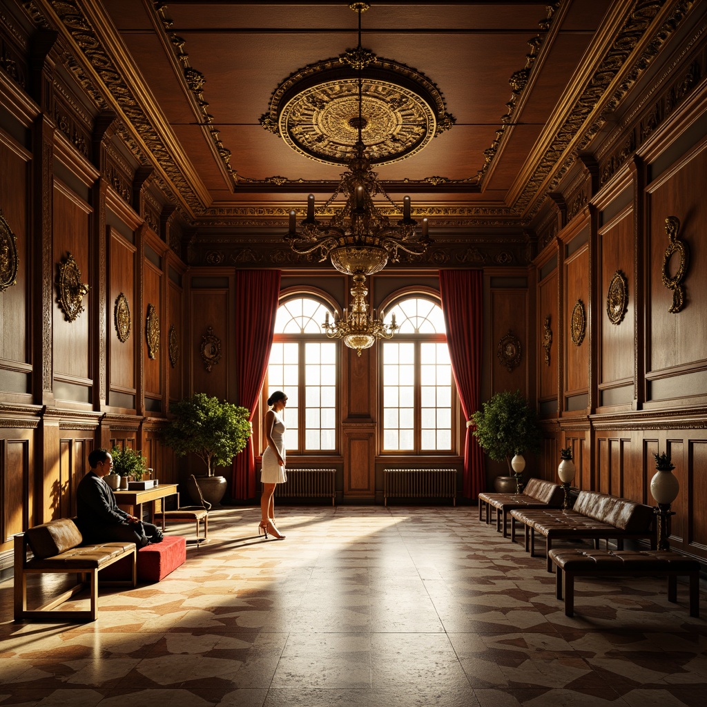 Prompt: Ornate gymnasium interior, rich wood paneling, polished marble floors, gilded accents, intricate carvings, ornamental chandeliers, lavish drapery, velvet-covered benches, antique fitness equipment, distressed leather upholstery, warm golden lighting, soft focus photography, 1/2 composition, symmetrical framing, opulent textures, dramatic shadows.