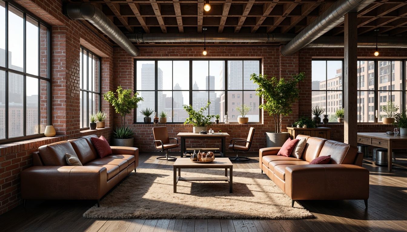 Prompt: Industrial chic living room, exposed brick walls, reclaimed wood flooring, metal beam ceiling, vintage factory windows, distressed leather sofas, reclaimed wood coffee tables, industrial metal chairs, Edison bulb pendant lights, urban loft atmosphere, cityscape views, morning natural light, high contrast shadows, 1/1 composition, shallow depth of field, realistic textures, ambient occlusion.