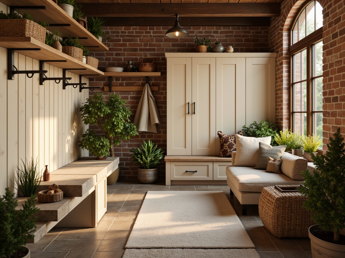 Prompt: Cozy mudroom, warm beige walls, rustic wooden accents, earthy brown floors, natural stone benches, woven baskets, vintage metal hooks, soft cream-colored cabinets, distressed wood shelves, rich greenery, potted plants, industrial-style lighting, exposed brick walls, comfortable seating area, warm golden lighting, 1/2 composition, shallow depth of field, realistic textures.