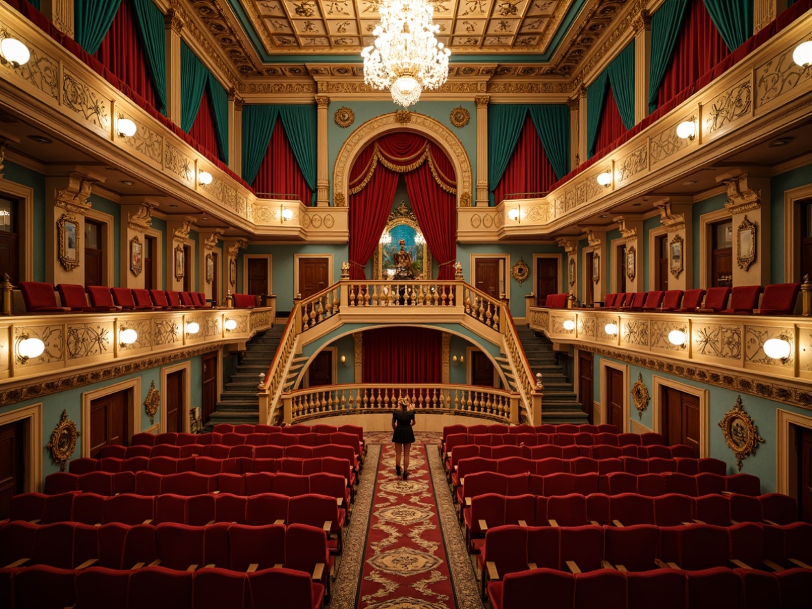 Prompt: \Whimsical opera house, eclectic style interior, ornate chandeliers, plush red velvet seats, golden balconies, intricate moldings, lavish curtains, grand staircase, ornamental railings, rich wood tones, vibrant turquoise accents, luxurious textures, soft warm lighting, dramatic spotlights, shallow depth of field, 1/2 composition, cinematic view, realistic reflections, ambient occlusion.\