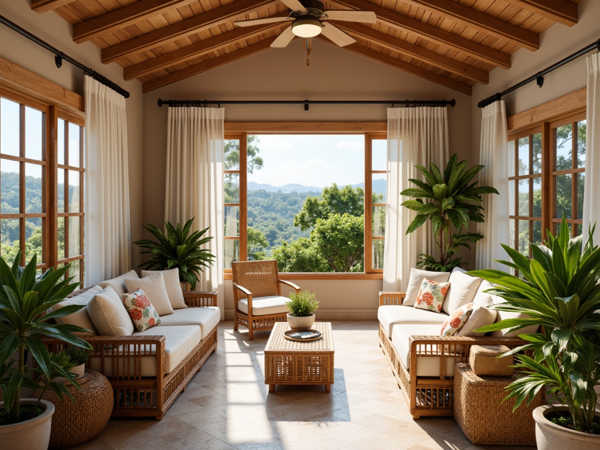 Prompt: Cozy sunroom, natural wood accents, wicker furniture, plush cushions, soft pastel colors, tropical plants, sliding glass doors, bright sunny day, warm ambient lighting, shallow depth of field, 1/1 composition, panoramic view, realistic textures, ambient occlusion.