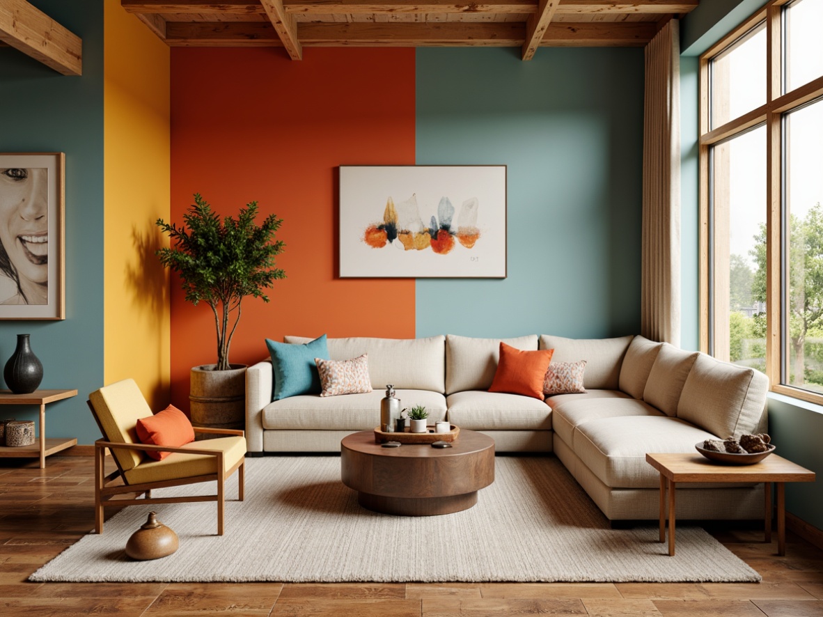 Prompt: Vibrant living room, bold accent walls, pastel furniture, rich wood flooring, natural stone textures, earthy color scheme, warm ambient lighting, cozy atmosphere, modern minimalist decor, sleek metal accents, plush throw pillows, abstract artwork, 3/4 composition, shallow depth of field, realistic render.