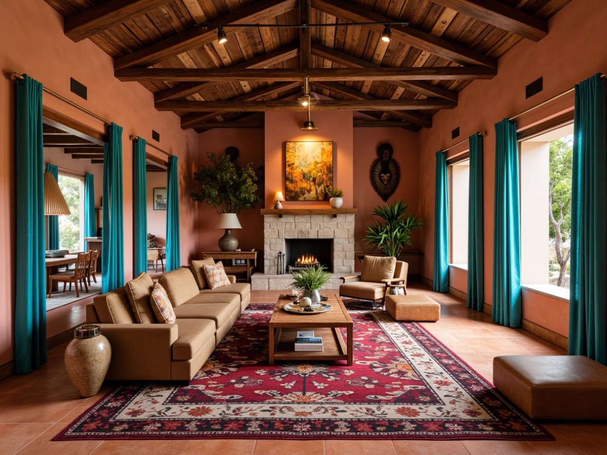 Prompt: Richly patterned Navajo rugs, warm terracotta flooring, rustic wooden accents, ornate tribal masks, vibrant turquoise hues, bold geometric patterns, luxurious velvet drapes, metallic gold fixtures, distressed leather upholstery, reclaimed wood walls, natural stone fireplaces, Southwestern-inspired artwork, abstract desert landscapes, dramatic coved ceilings, ambient warm lighting, shallow depth of field, 1/1 composition, realistic textures, ambient occlusion.