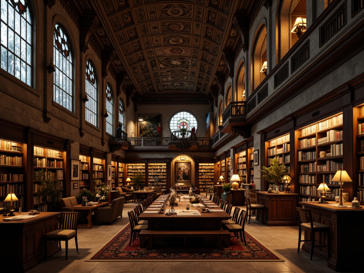 Prompt: Richly ornate gothic library, intricate stone carvings, grand high ceilings, stained glass windows, luxurious dark wood paneling, polished marble floors, ornate metal lanterns, mystical ambiance, dramatic shadows, warm golden lighting, shallow depth of field, 1/2 composition, realistic textures, ambient occlusion.