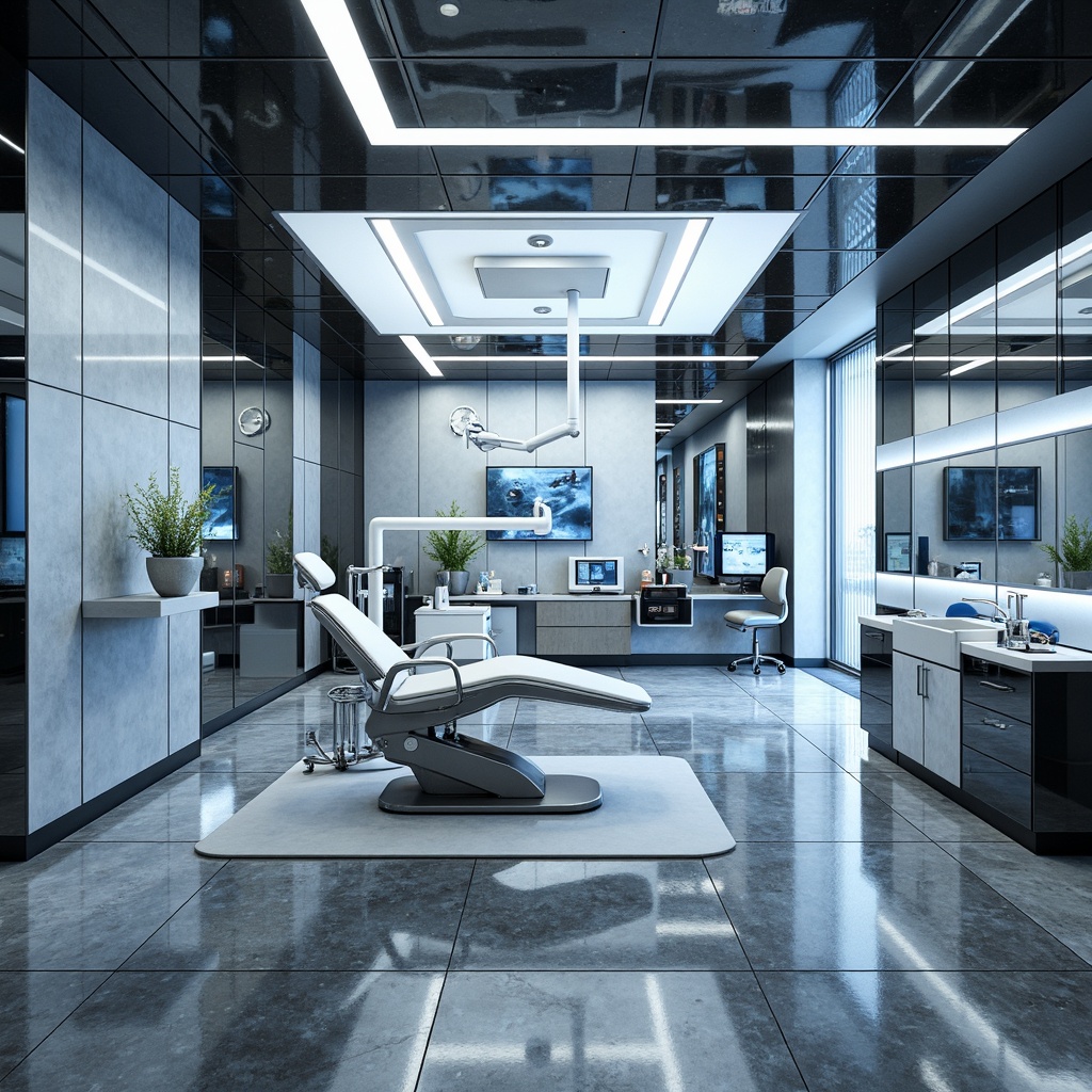 Prompt: Futuristic dental clinic, polished chrome floors, glossy epoxy resin coating, LED light strips, geometric patterned tiles, high-gloss acrylic surfaces, minimalist design, sleek metal accents, glass partitions, futuristic laboratory equipment, sterilization rooms, advanced diagnostic tools, 3D printing technology, virtual reality experience zones, calming ambient lighting, shallow depth of field, panoramic view, realistic textures, ambient occlusion.