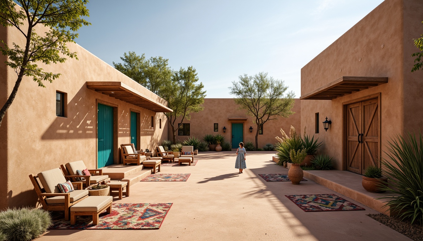 Prompt: Earth-toned adobe buildings, warm sandy beige walls, turquoise accents, terracotta roofs, rustic wooden doors, vibrant Native American patterns, colorful textiles, woven baskets, natural fiber rugs, desert landscape views, cacti plants, bright sunny day, soft warm lighting, shallow depth of field, 3/4 composition, panoramic view, realistic textures, ambient occlusion.