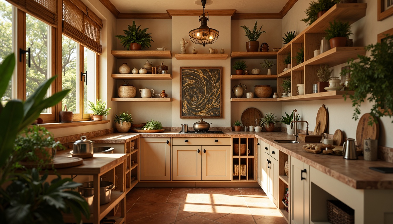 Prompt: Cozy pantry, warm beige walls, rich wood tones, creamy white shelves, soft golden lighting, earthy terracotta floors, natural stone countertops, rustic metal accents, vibrant greenery, fresh herbs, ambient warm atmosphere, shallow depth of field, 3/4 composition, realistic textures, subtle color gradations.