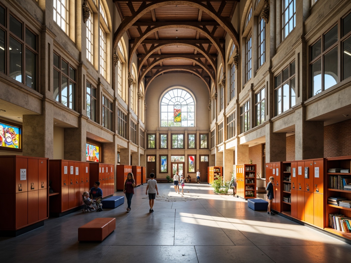 Prompt: Grand elementary school, Gothic archways, stone fa\u00e7ade, pointed windows, ribbed vaults, flying buttresses, ornate carvings, rich wood tones, vibrant stained glass, educational murals, colorful lockers, bustling corridors, lively playground, natural light pouring in, warm afternoon sunbeams, shallow depth of field, 1/1 composition, symmetrical framing, realistic textures, ambient occlusion.