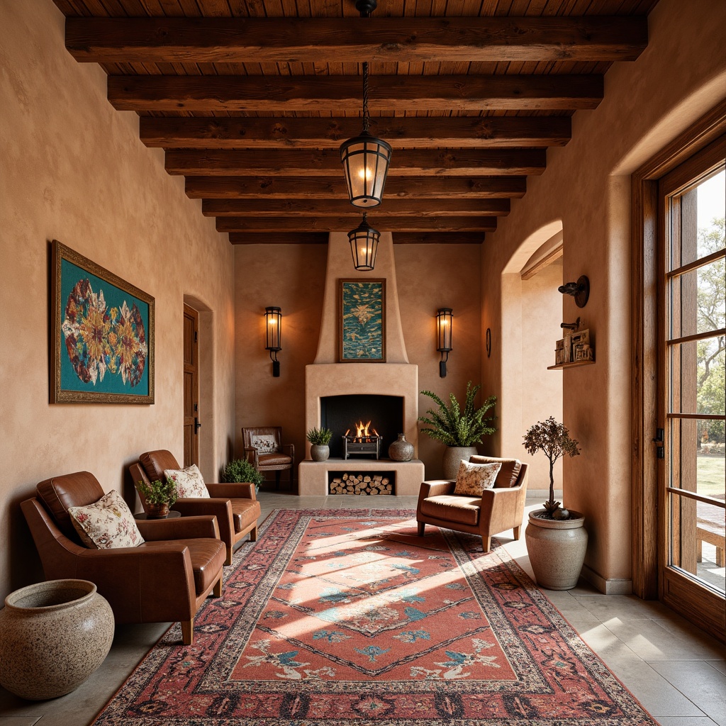 Prompt: Earthy adobe walls, wooden vigas, rustic wooden beams, clay tile floors, colorful Talavera pottery, woven textiles, geometric patterned rugs, plush furniture upholstery, distressed leather armchairs, natural fiber drapes, warm earthy color palette, soft warm lighting, shallow depth of field, 3/4 composition, realistic textures, ambient occlusion, cozy reading nooks, decorative kiva fireplaces, traditional Southwestern artwork, vibrant turquoise accents, authentic Native American patterns.