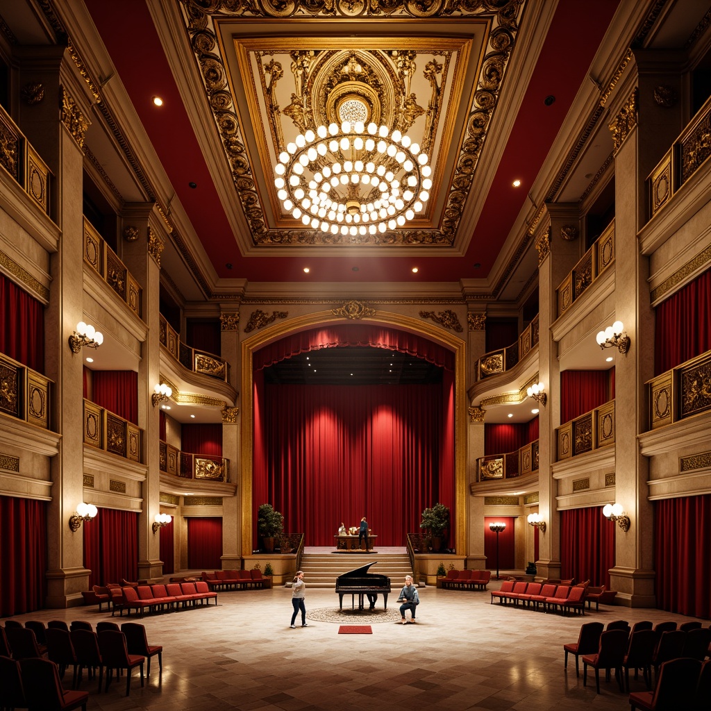 Prompt: Grand auditorium, ornate chandeliers, luxurious red velvet curtains, golden accents, intricate moldings, polished marble floors, majestic staircases, regal balconies, grand piano, dramatic spotlights, soft warm glow, 1/1 composition, low-angle shot, realistic reflections, ambient occlusion.