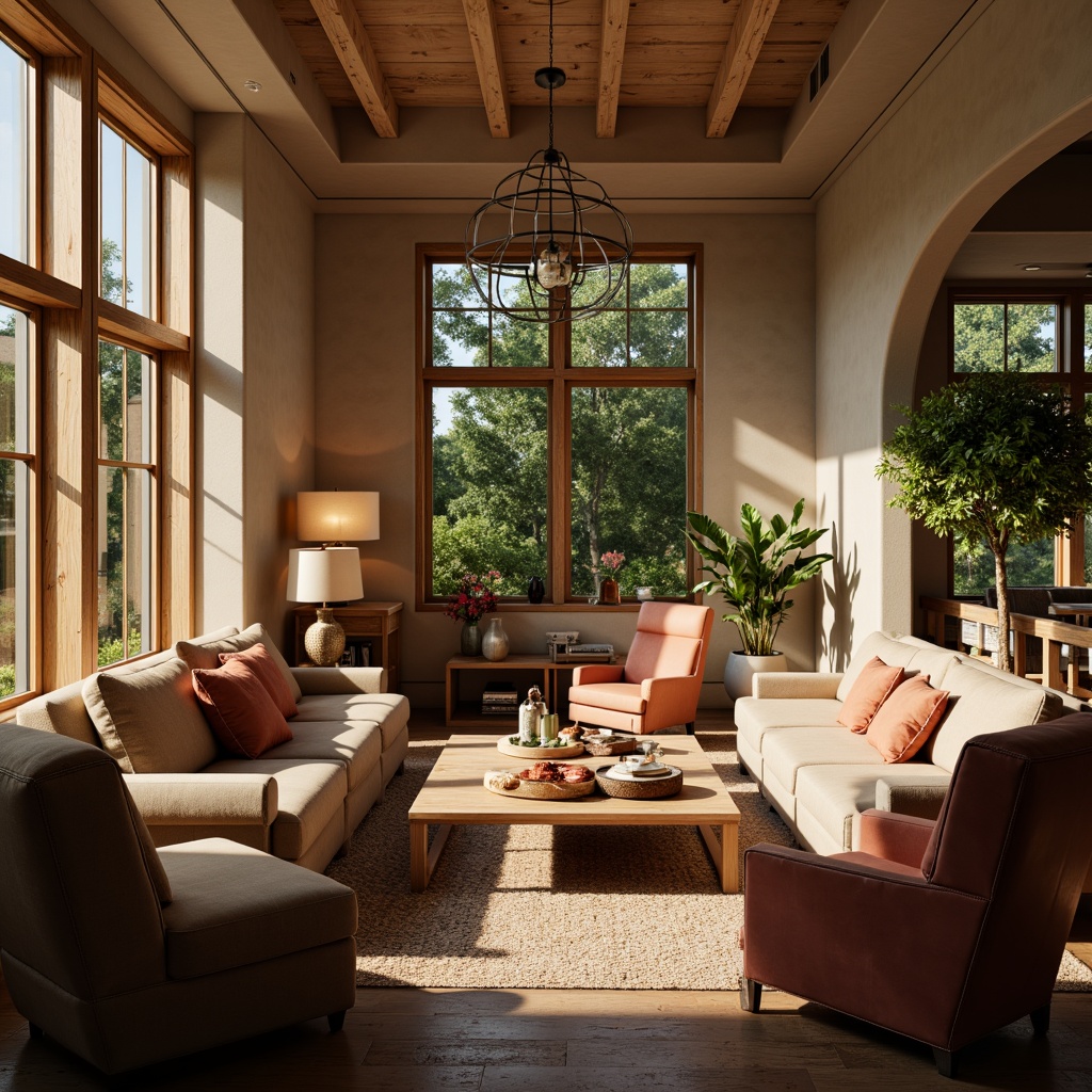 Prompt: Cozy living room, plush sofas, velvet armchairs, wooden coffee tables, soft cushions, elegant lamps, warm beige walls, large windows, natural light, comfortable seating arrangement, intimate atmosphere, relaxed vibe, luxurious textiles, rich wood tones, decorative vases, fresh flowers, peaceful ambiance, 1/2 composition, shallow depth of field, soft focus, warm color palette.